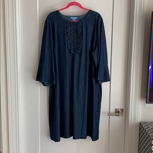 Draper James Chambray Ruffle Shift Dress Dark Wash